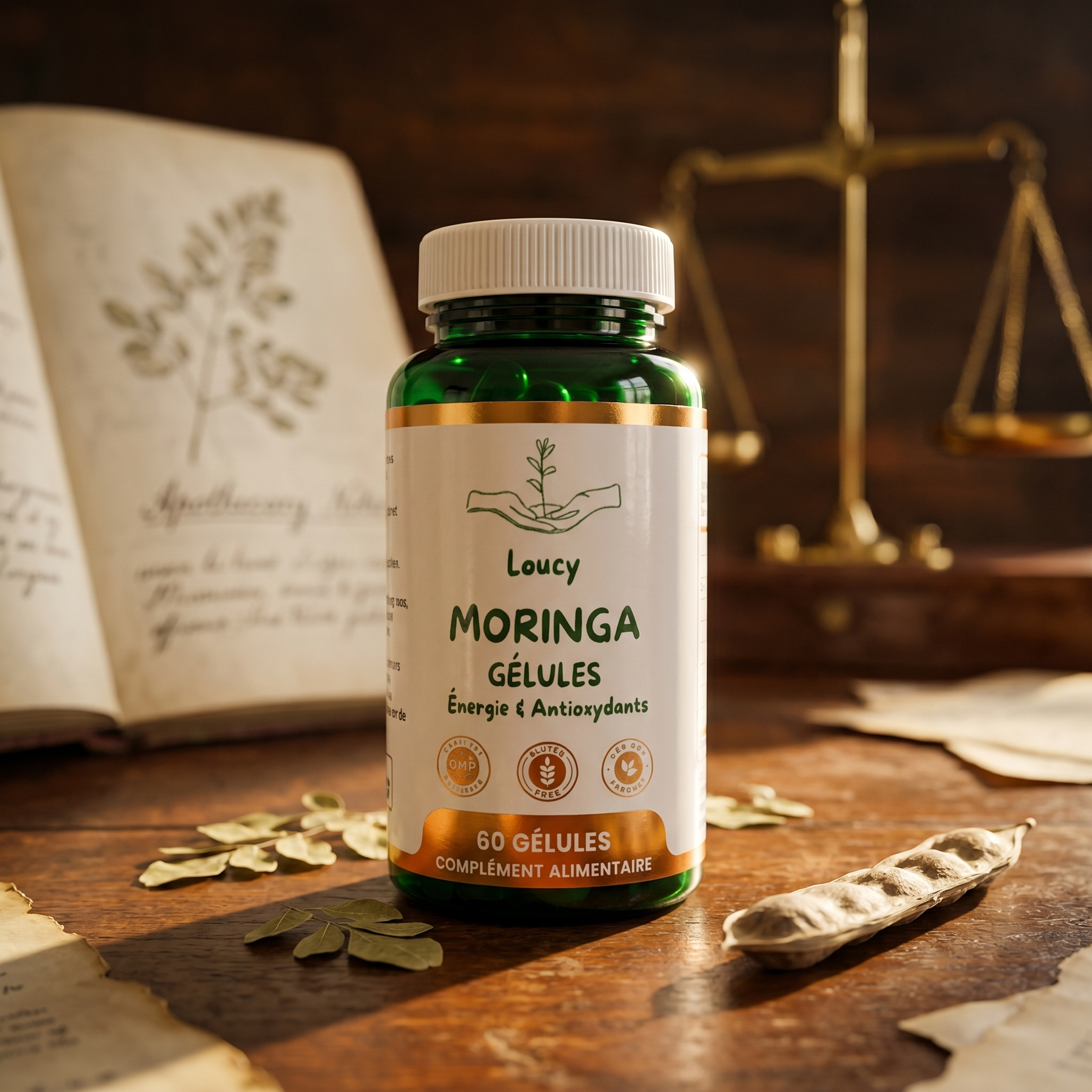Flacon Loucy Moringa, complément alimentaire 60 gélules de moringa pur 500 mg, posé sur un livre ouvert