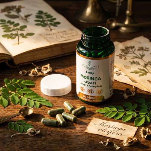 Loucy Moringa et ingrédients ayurvédiques posés sur table en bois, ambiance naturelle et apaisée