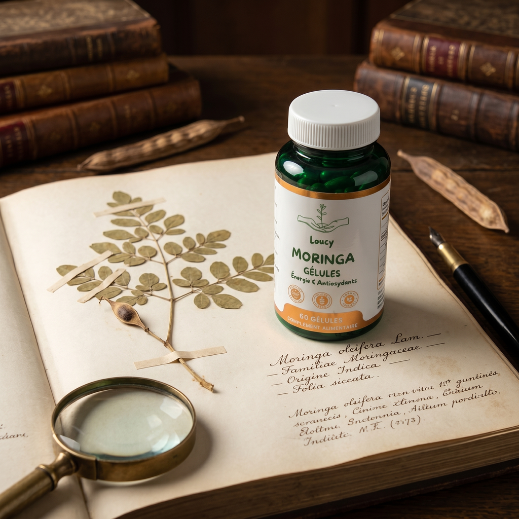 Feuilles de moringa Oleifera observées à la loupe, plante ancestrale ayurvédique source d'énergie naturelle